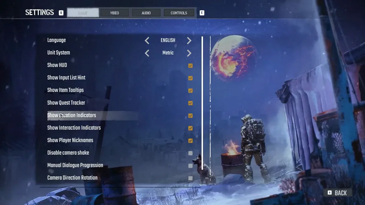 Settings interface with the Game page selected and the Video tab available