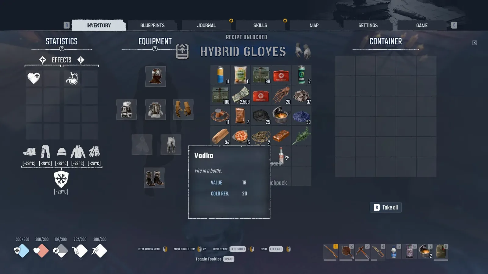 Inventory opened on Anna reward box with Hybrid Gloves recipe unlocked