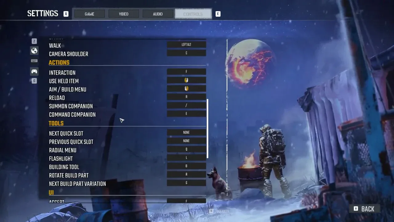 Controls page listing interaction and companion actions