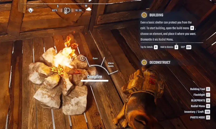A lit Campfire with the Warm Hands option in its radial interaction menu