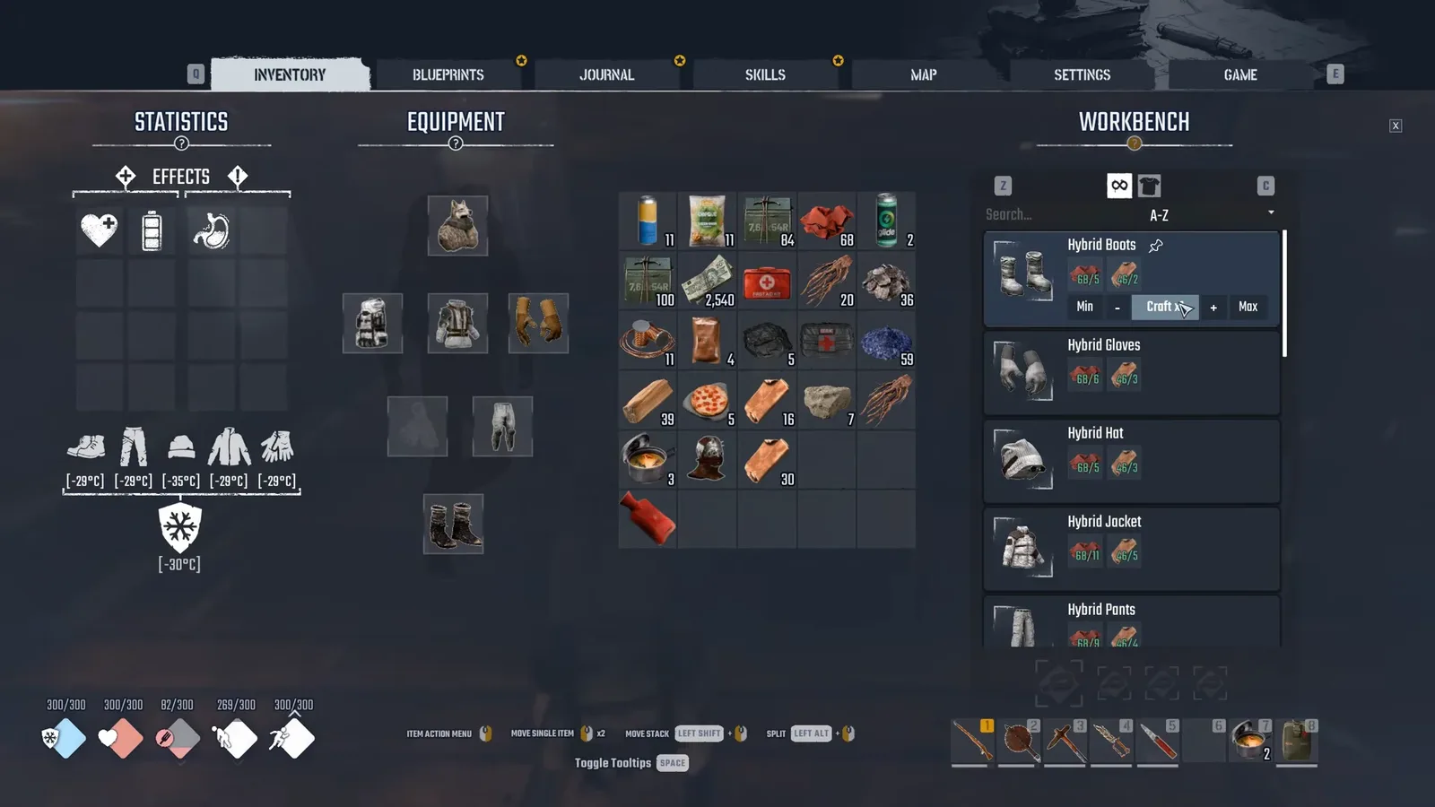 Tailoring Bench clothing list with Hybrid Boots selected and ingredient counters visible