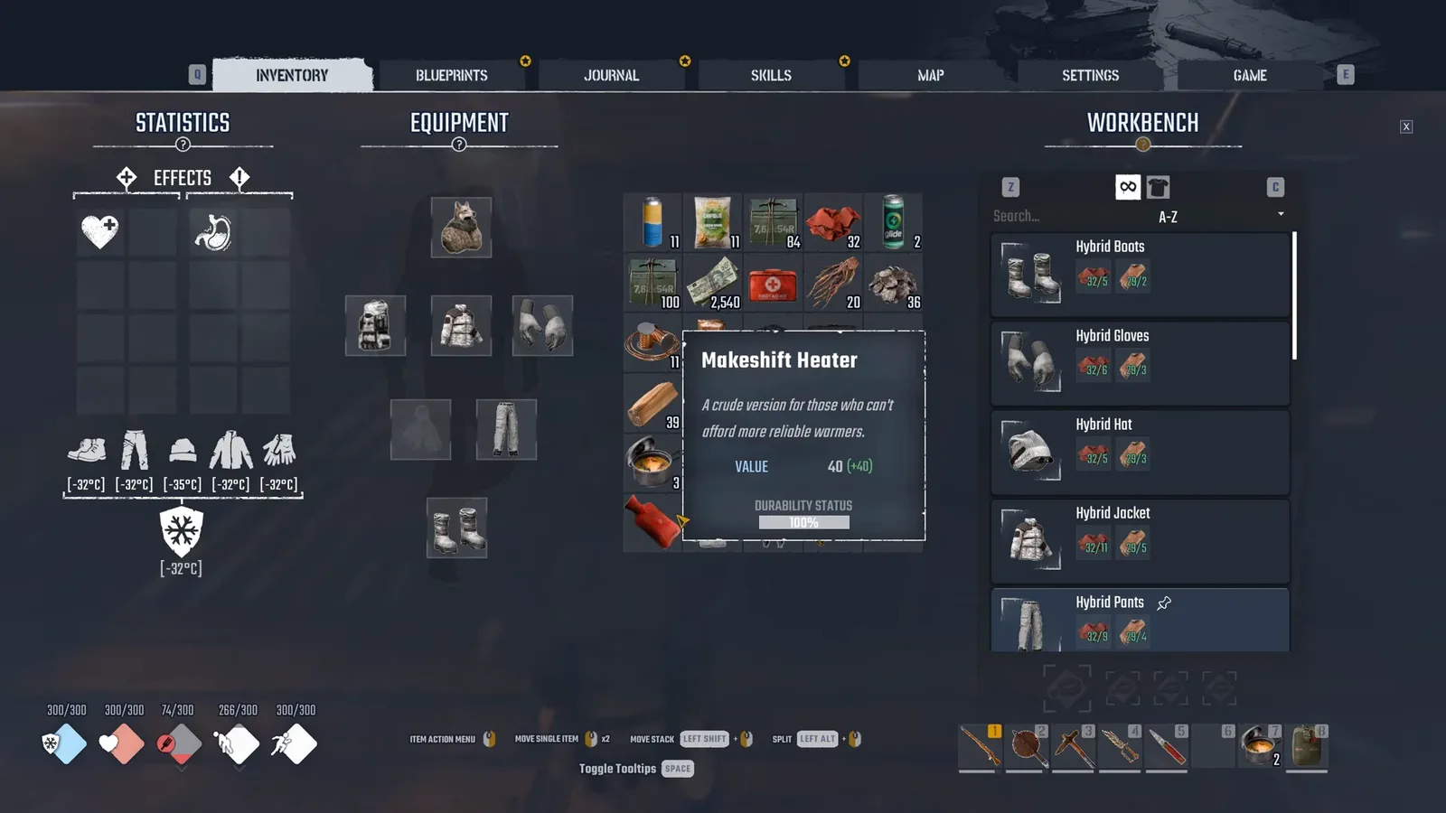 Permafrost inventory with equipment slots, carried items and a workbench panel