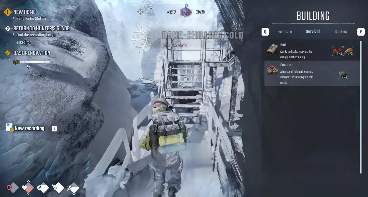 Bone-Chilling Cold warning above an exposed snowy stairway with the temperature HUD visible