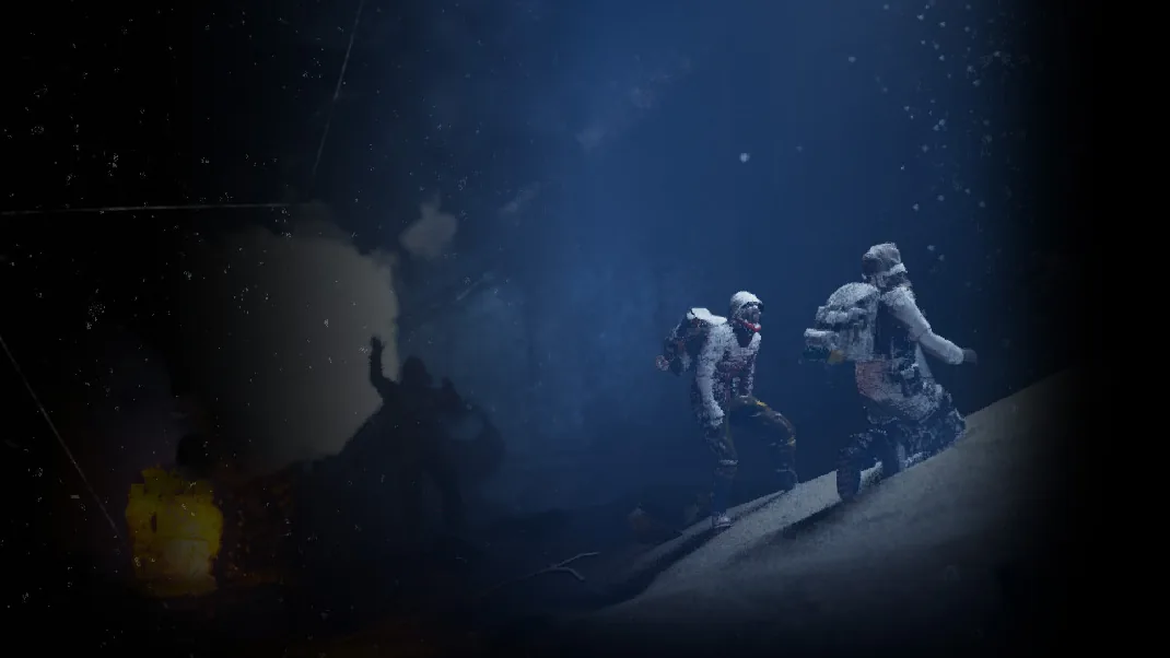Official Permafrost The Beginning artwork with two survivors exploring an icy cave near a fire